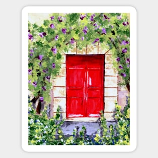Rustic Red Door in the Woods Surrounded by Flowers Sticker